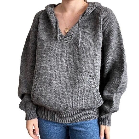 Hand Knit Unisex Grey Hooded Oversized Sweatshirt Hippie Hoodie Sz L - Picture 2 of 8
